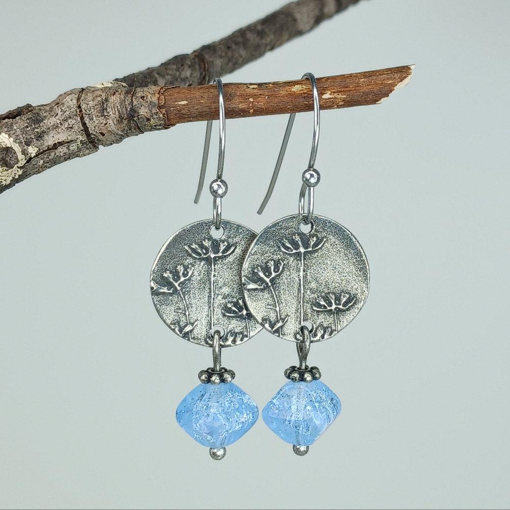 HAND CRAFTED Artisan Pewter Wildflower Earrings Blue Vintage Glass Dangle